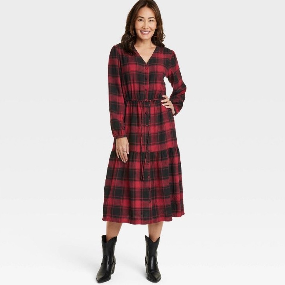 Red Plaid Midi Dress
